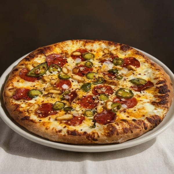 A whole pizza topped with pepperoni, chicken, jalapeños, and onions on a white plate.