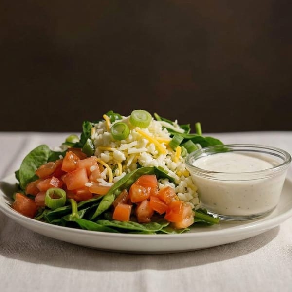 A fresh side salad with spinach, diced tomatoes, shredded cheese, and green onions, with a side of ranch dressing.