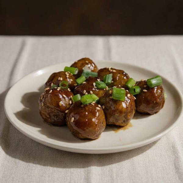 A plate of glazed meatballs topped with sesame seeds and chopped green onions.