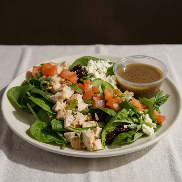 A spinach salad with chicken, tomatoes, feta, and dried cranberries, with a side of dressing.