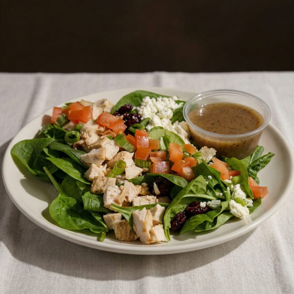 A spinach salad with chicken, tomatoes, feta, and dried cranberries, with a side of dressing.