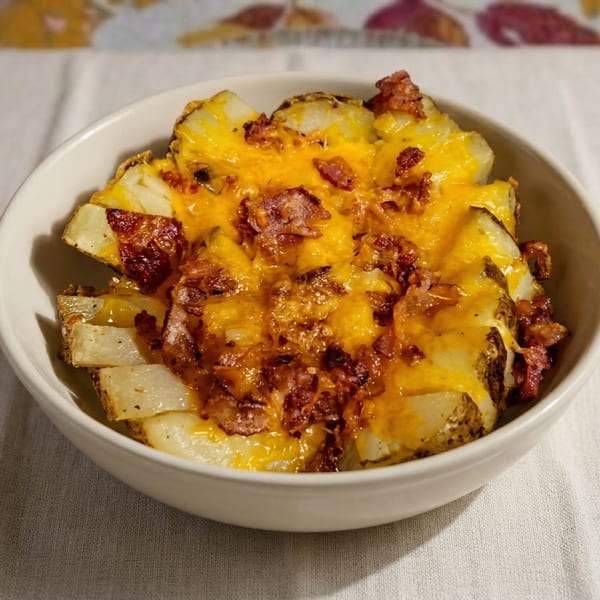 A white bowl filled with roasted potatoes topped with melted cheddar cheese and crispy bacon bits.