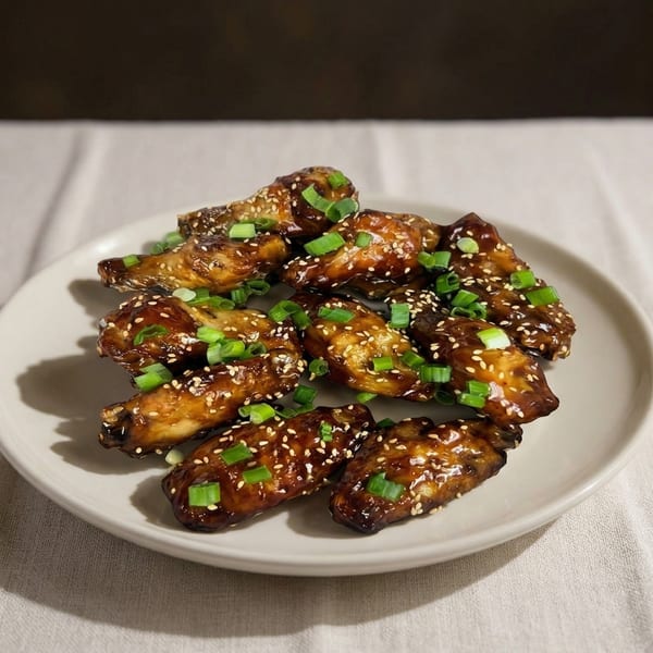A plate of glazed chicken wings, garnished with sesame seeds and chopped green onions.