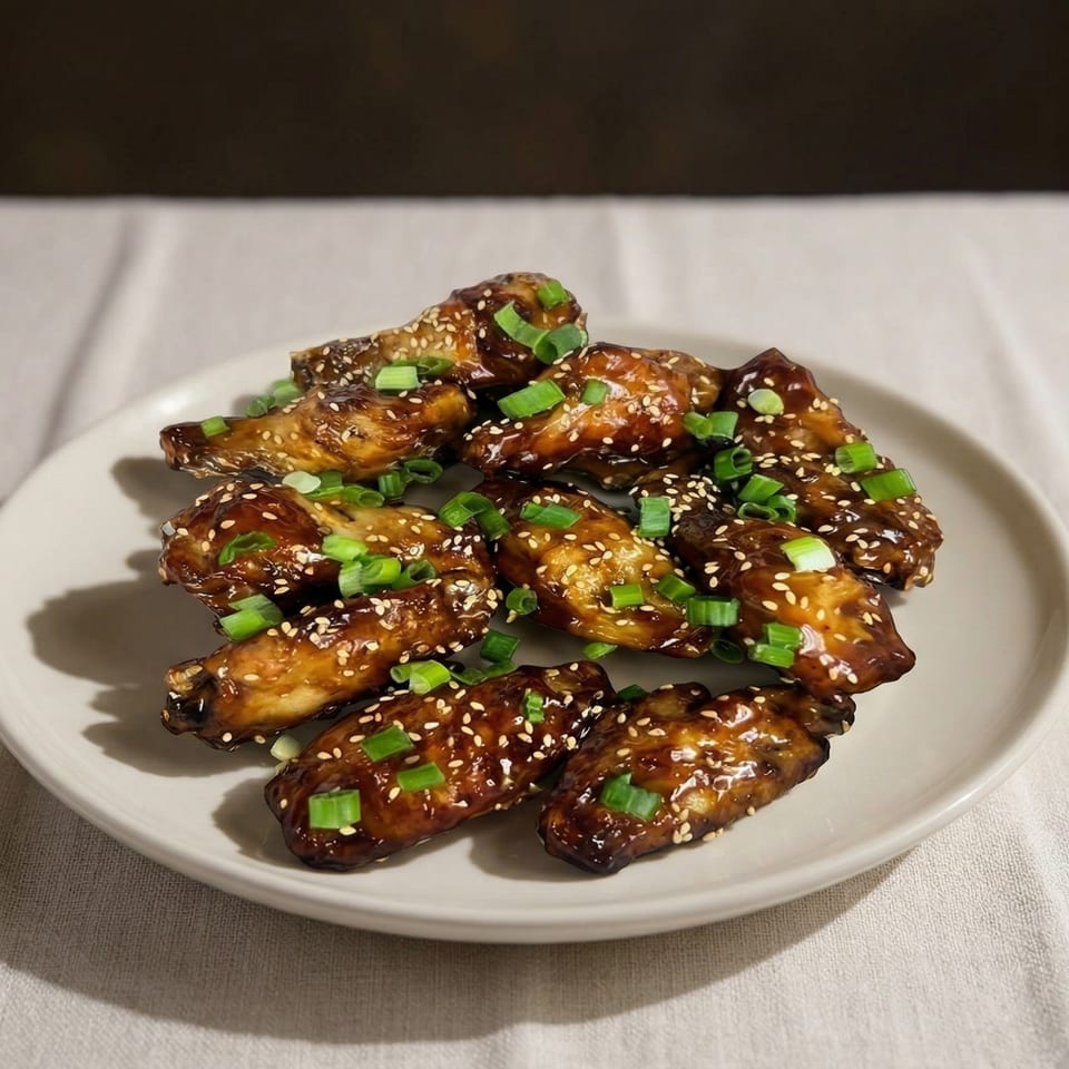 A plate of glazed chicken wings, garnished with sesame seeds and chopped green onions.