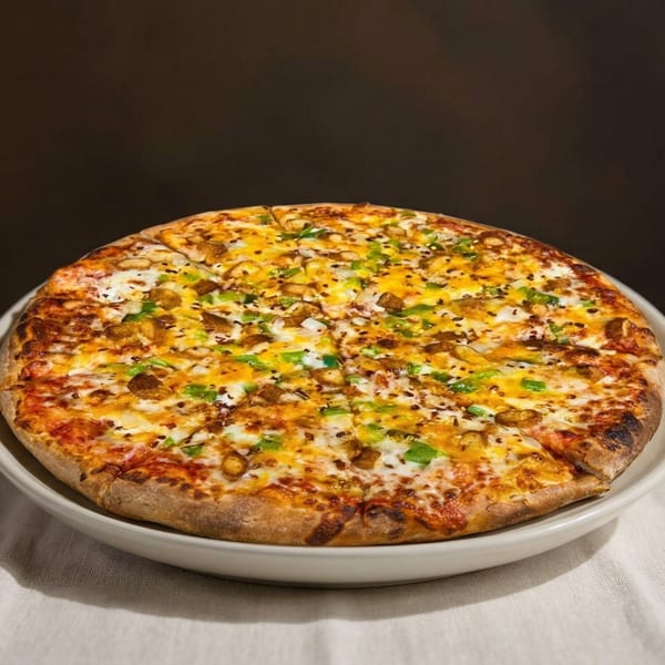A whole pizza with melted cheese, green peppers, and chicken pieces on a white plate.