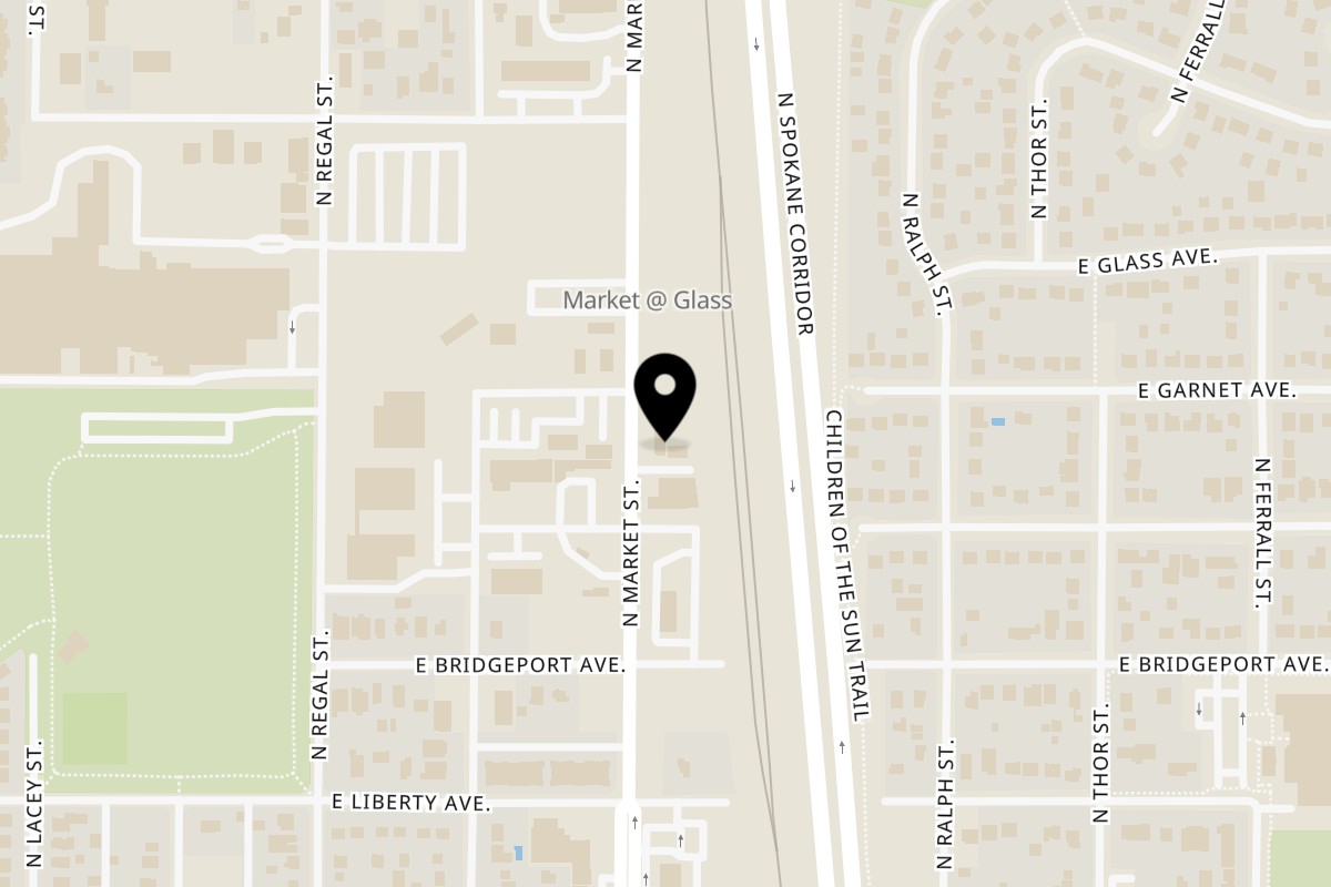 Map showing the location of Mr J's Take & Bake Pizza on 3516 N Market St in Spokane